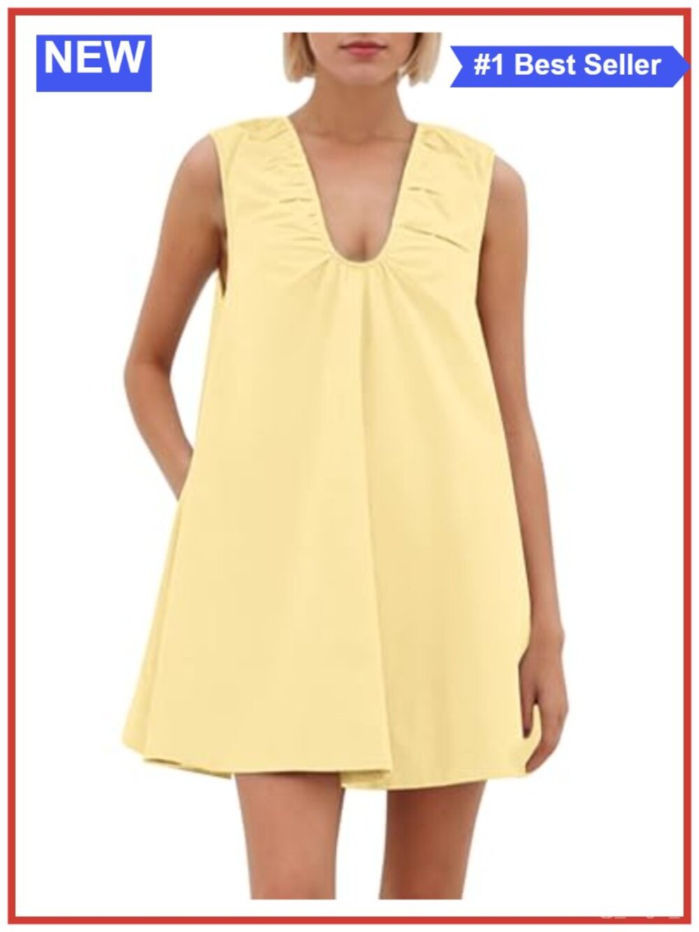 Sleeveless Babydoll Tank Mini Dress Scoop Neck Ruched Side Pockets Summer Party